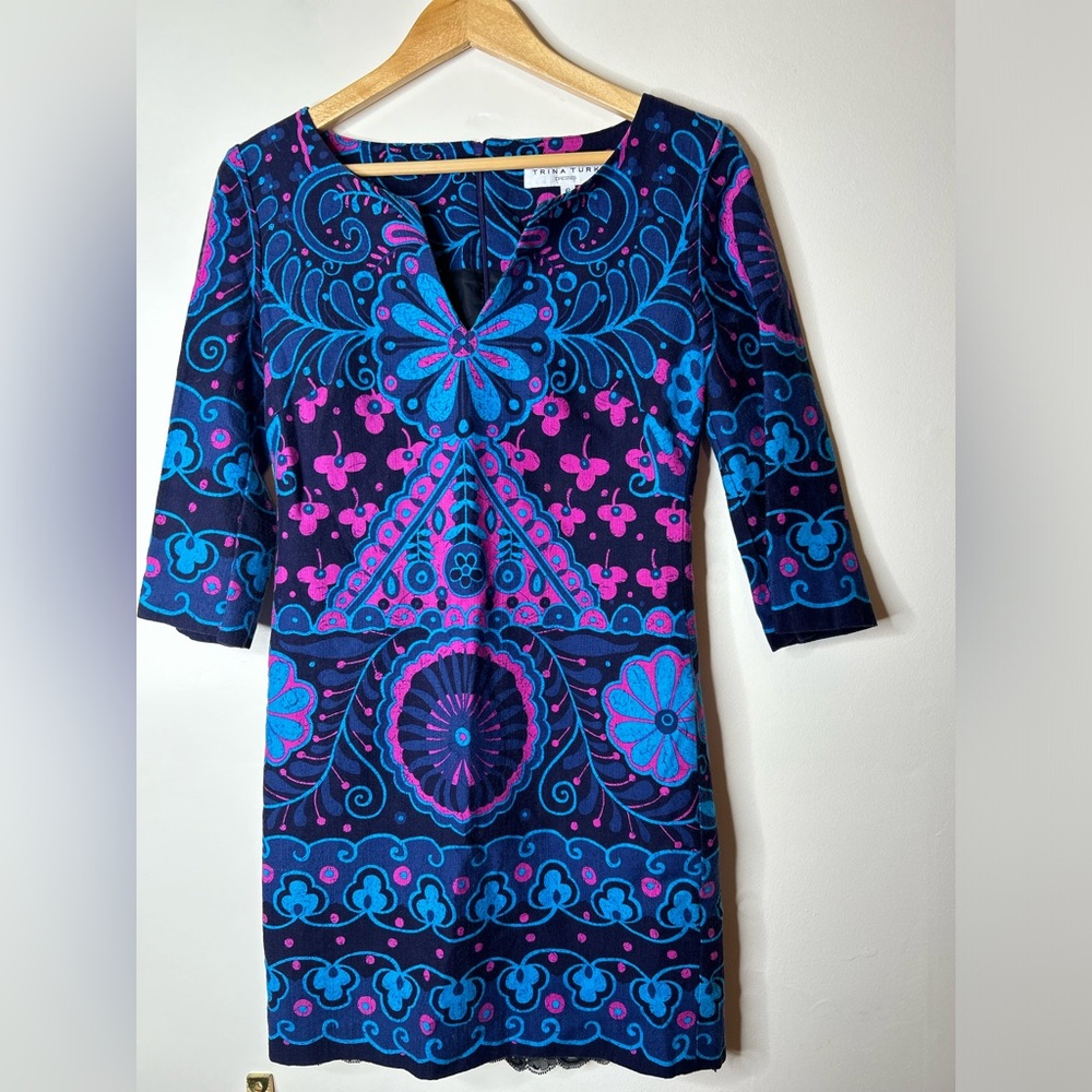 Trina Turk Blue & Magenta Textured Cotton Shift Dress Sz 6